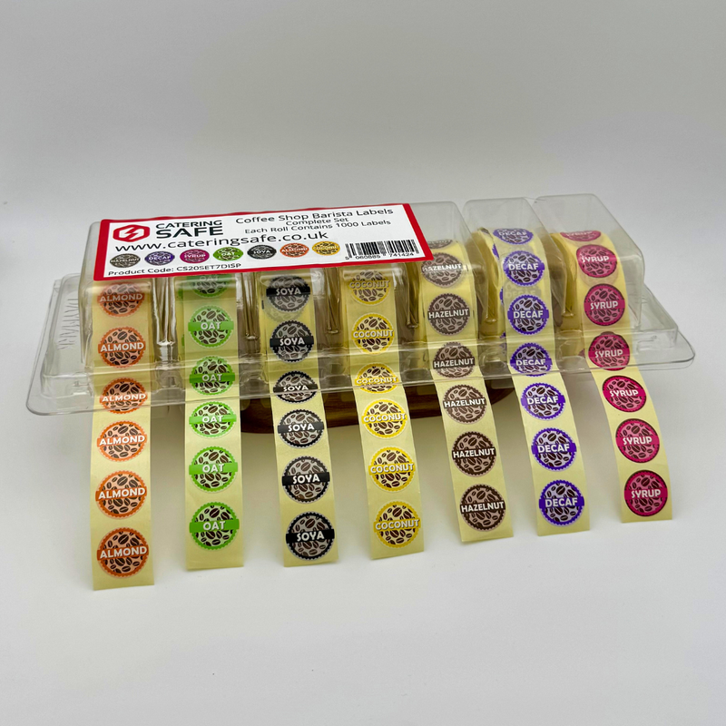 Coffee Shop Barista Labels in Dispenser 20mm 1000 labels per roll full set - Almond, Coconut, Decaf, Hazelnut, Oat, Soya, Syrup