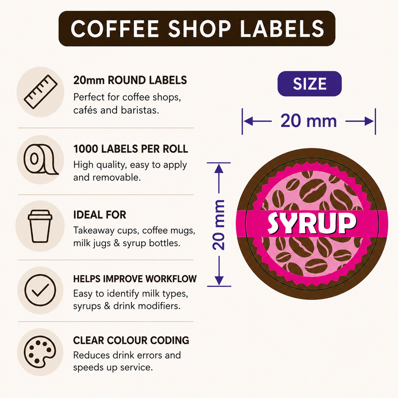 Coffee Shop Barista Labels in Dispenser 20mm 1000 labels per roll full set - Almond, Coconut, Decaf, Hazelnut, Oat, Soya, Syrup