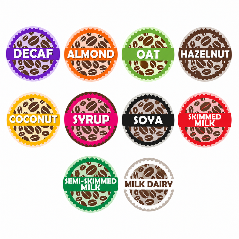 Coffee Shop Barista Labels in Dispenser 20mm 1000 labels per roll full set - Almond, Coconut, Decaf, Hazelnut, Oat, Soya, Syrup
