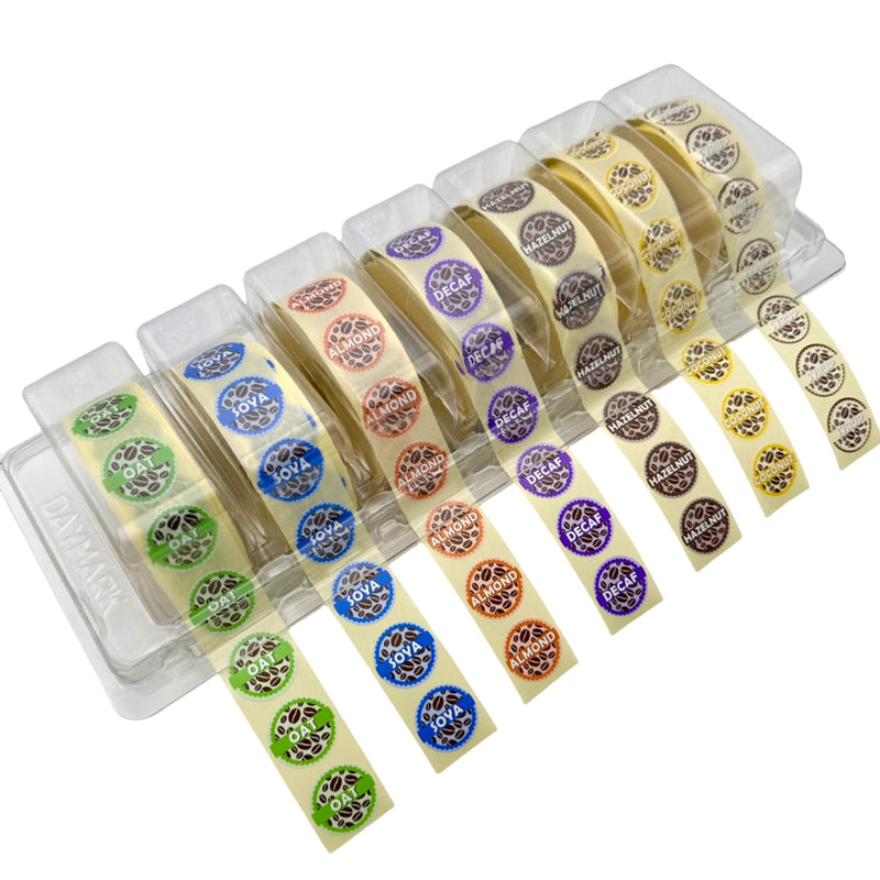 Coffee Shop Barista Labels in dispenser 20mm 1000 labels per rolls full set, Almond, Coconut, Decaf, Hazelnut, Oat, Soya, Syrup