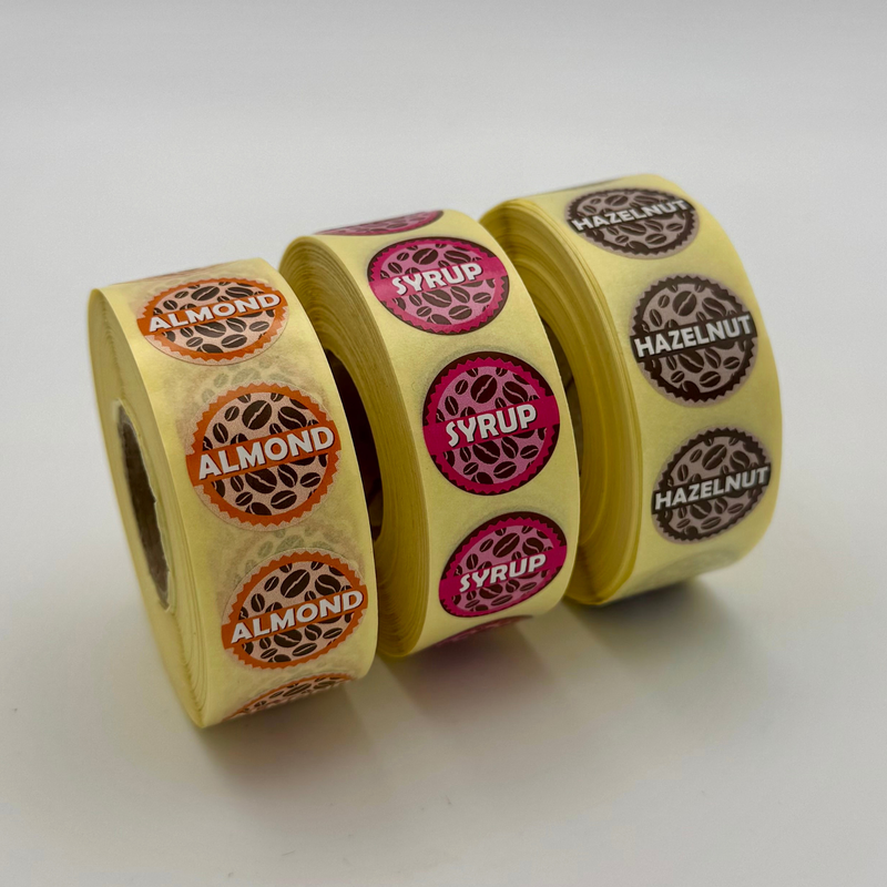 Coffee Shop Barista Labels in Dispenser 20mm 1000 labels per roll full set - Almond, Coconut, Decaf, Hazelnut, Oat, Soya, Syrup