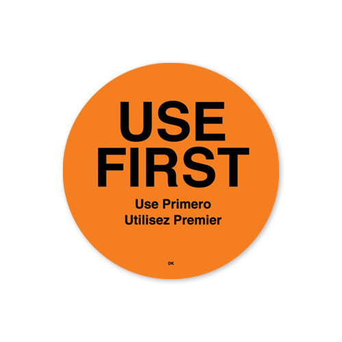 110358 - Use First bilingual 51mm Circle Orange Label DuraMark - Catering Safe