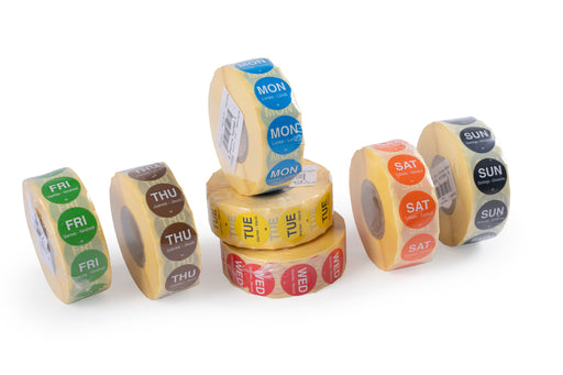19mm Circle Solid Clearview Dayview Dispenser REFILL (All 7 days 1000 labels per roll). - Catering Safe
