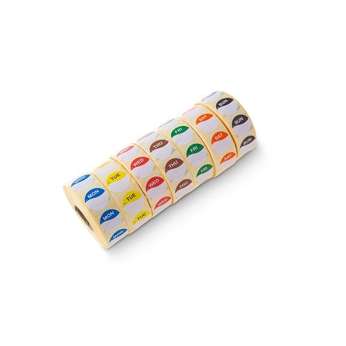 CV19CBZ - 19mm Circle Day Dots Half/Half DuraMark Clearview DISPENSER Kit all (7 days 1000 labels per roll) daydot - Catering Safe